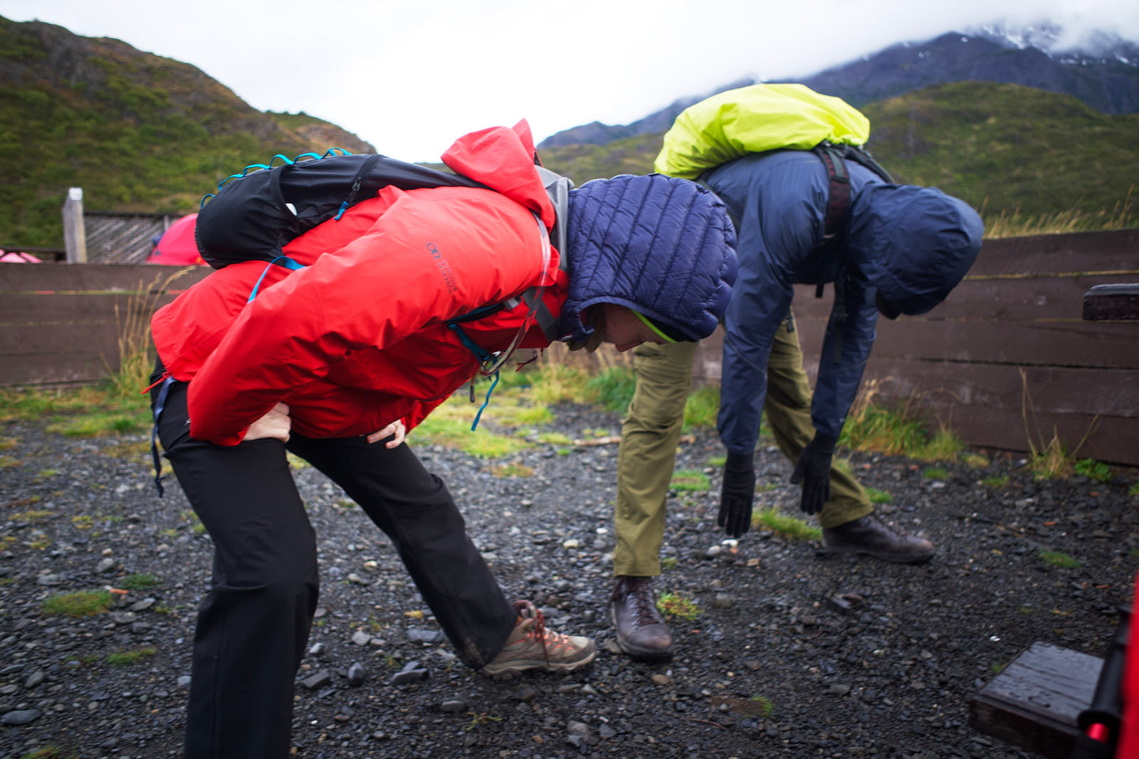 Stretches before another long day of hiking in Torres del Paine
